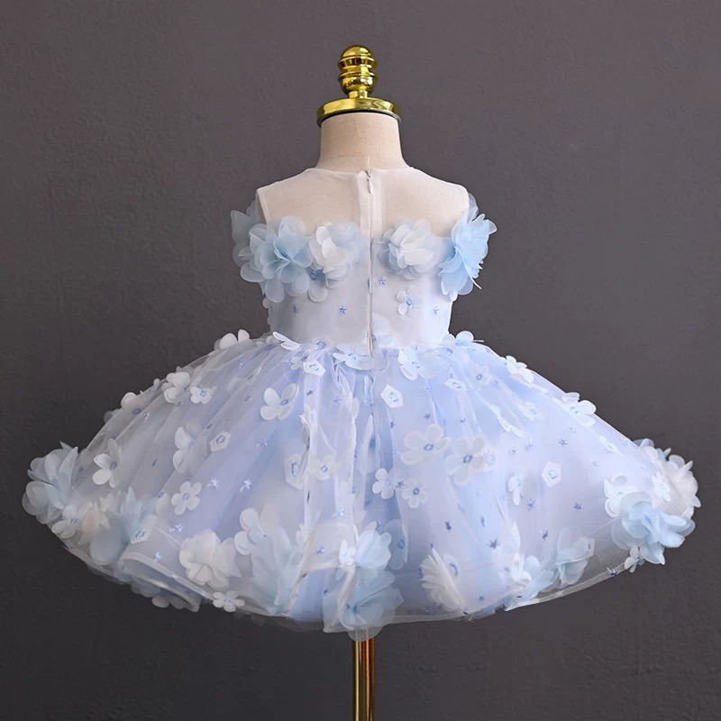 2025夏季时髦法式公主裙洋气公主风生日礼服洋气蓝色花朵连衣裙