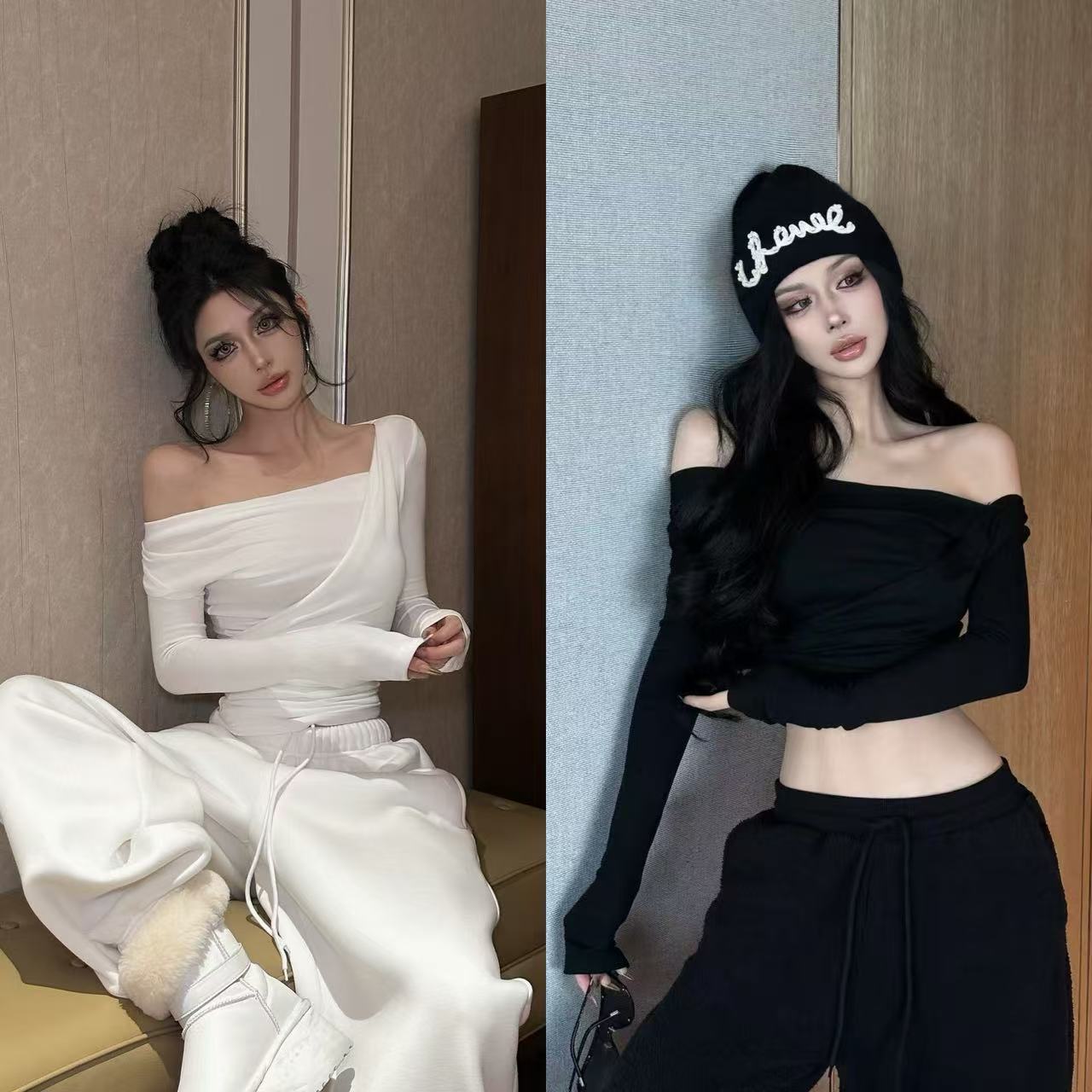 FORNIS 设计感斜肩长袖上衣显瘦直筒阔腿卫裤F25Y50042+F25K3993