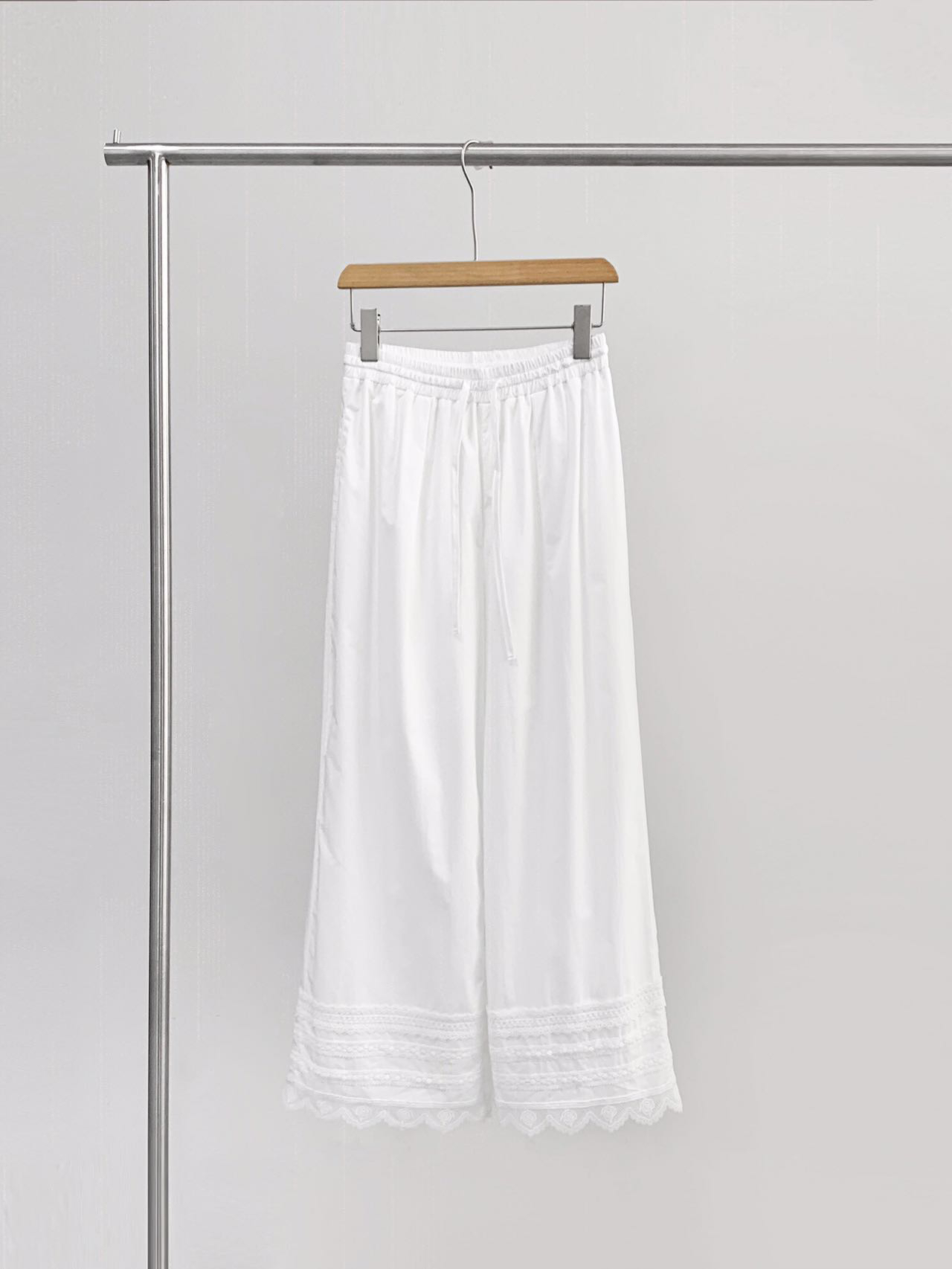 福利款【白色花边直筒裤】韩系百搭松紧腰花边拼接休闲高腰直筒长裤