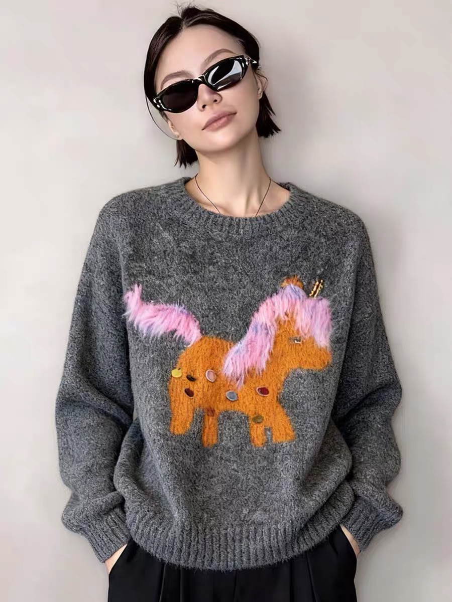 巨好看的冬装一整套氛围感宽松减龄灰色小马毛绒毛衣