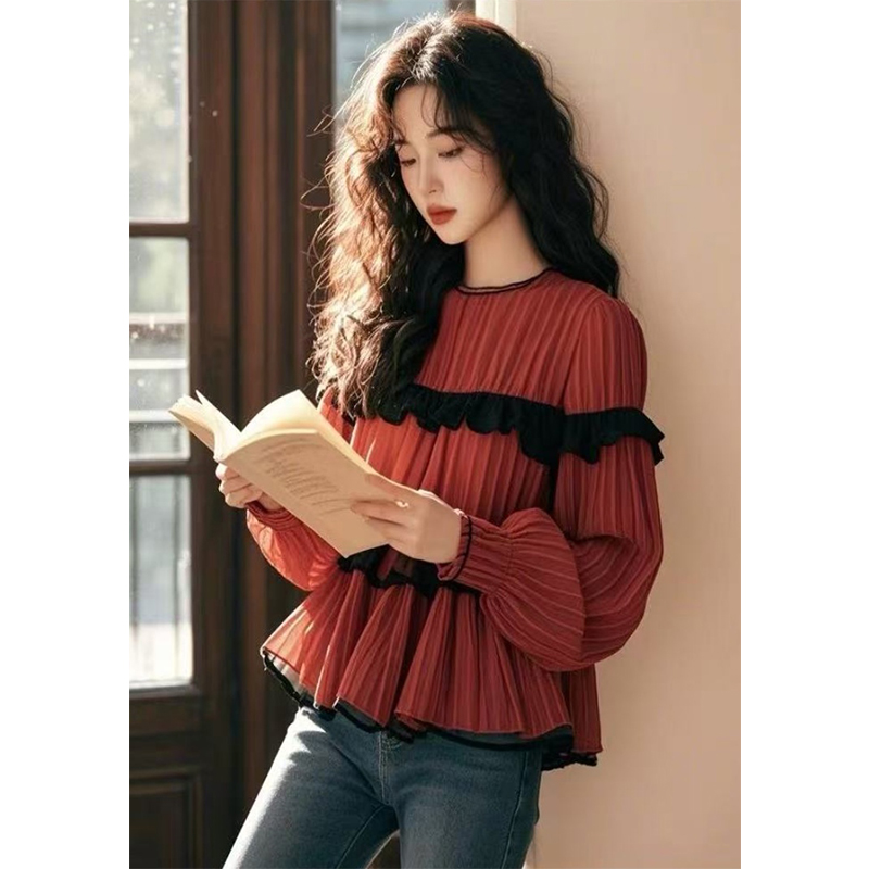 红色高级木耳边拼接长袖娃娃衫女春秋新款独特漂亮好看宽松上衣潮