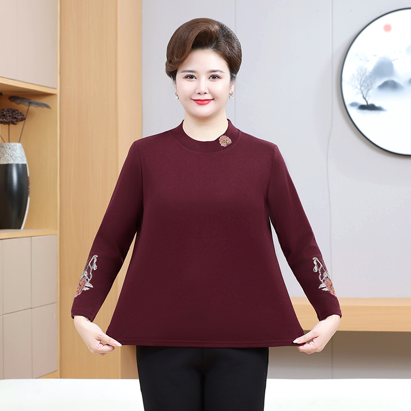 2025加肥加大码中老年女装刺绣花弹力长袖中老年保暖德绒打底衫女