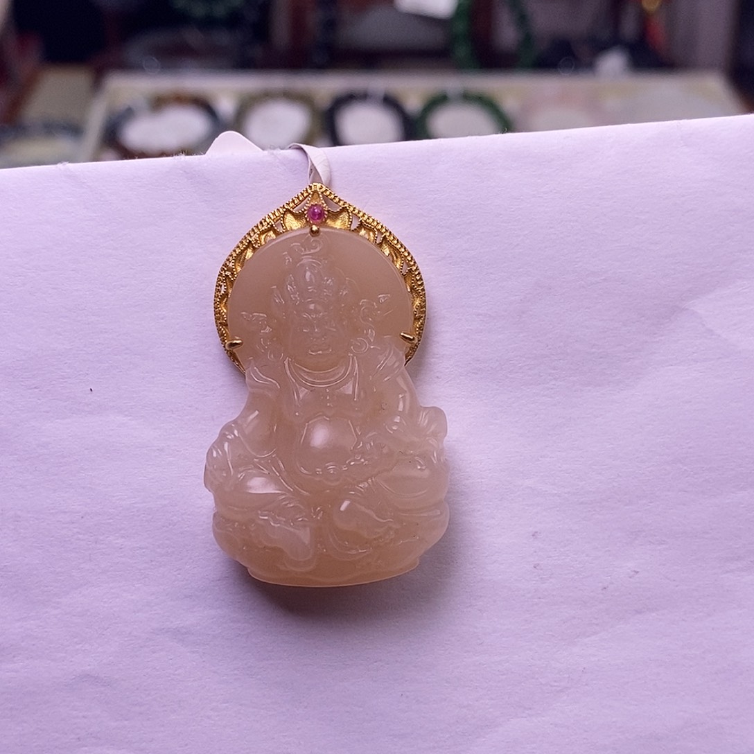 颈饰未镶嵌和田玉红藕粉金镶黄财神吊坠
