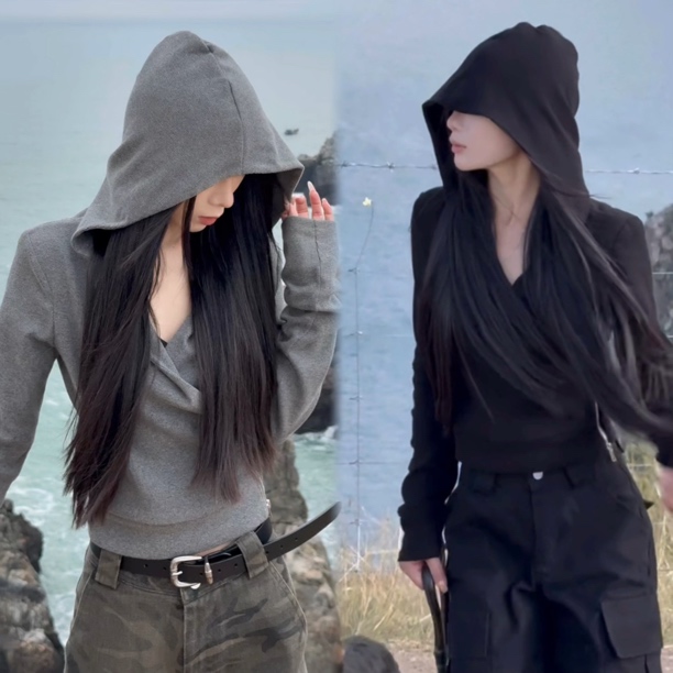 专属)设计感交叉打底开衫上衣女2025秋季新款长袖小众修身连帽T恤