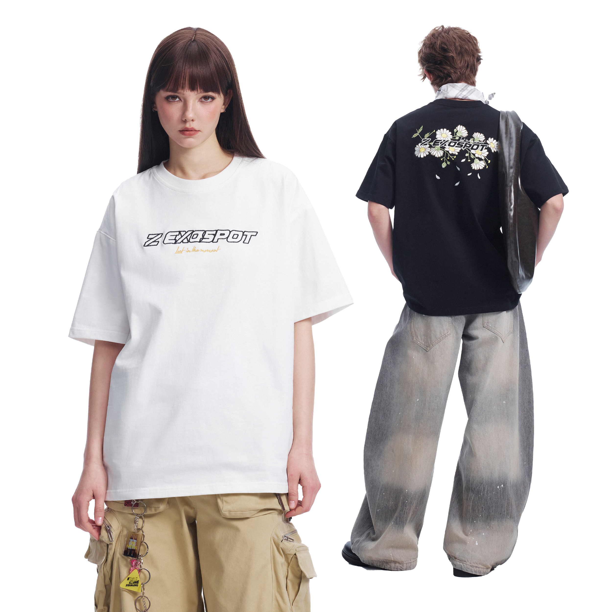 ZEXO夏季出行游玩纯棉短袖体T恤男女同款设计感小众上衣7分半截袖
