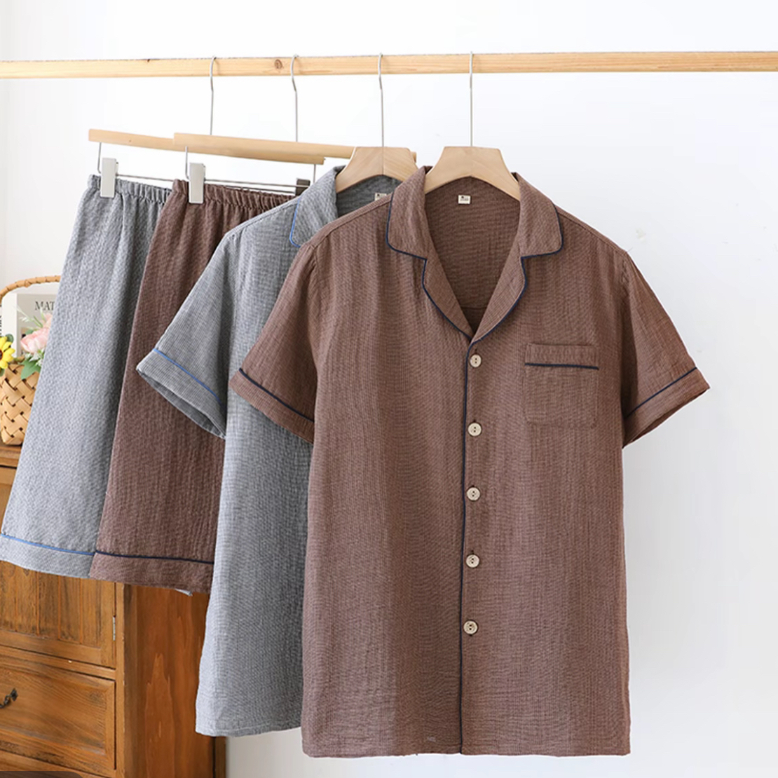 【男士短袖短裤】纯棉棉纱双层棉纱两件套宽松慵懒家居服