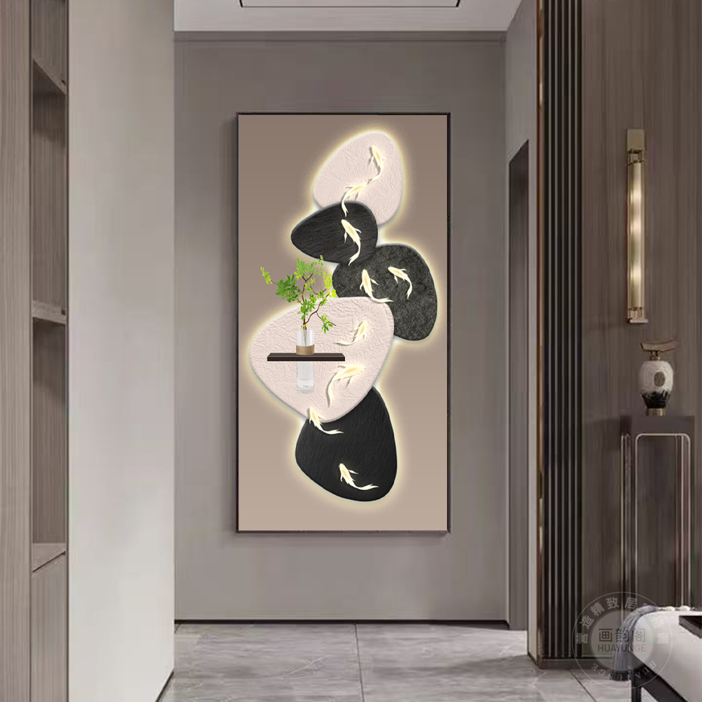 中古风九鱼图绿植玄关装饰画入户正对门走廊过道挂画客厅墙壁挂画