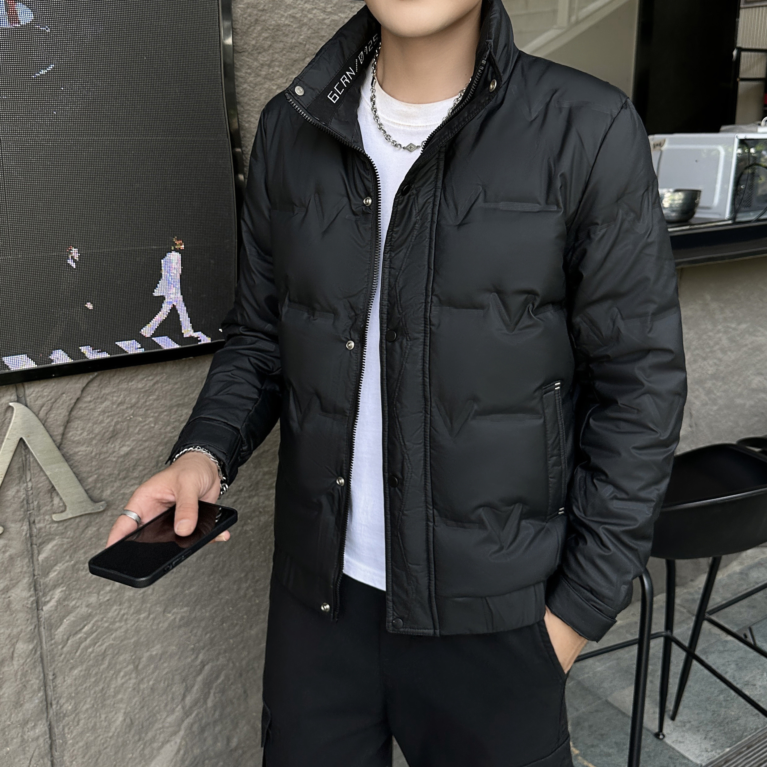 男士白鸭绒羽绒服冬季新款时尚修身免洗短款羽绒服夹克外套8708