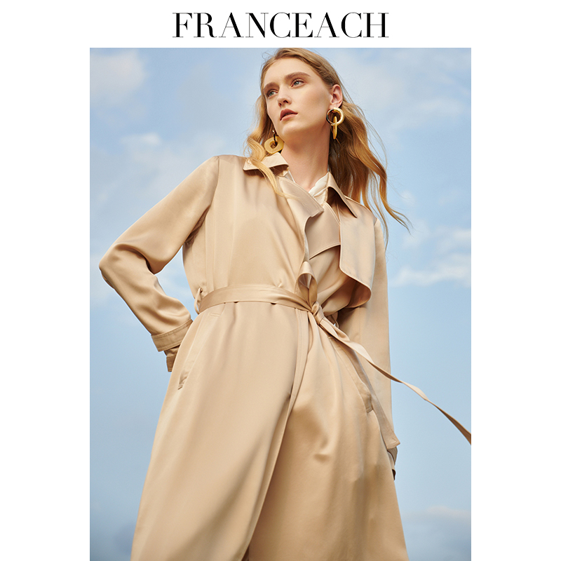 法涵意弛醋酸卡其色风衣女中长款2025春秋新款法式英伦风气质外套