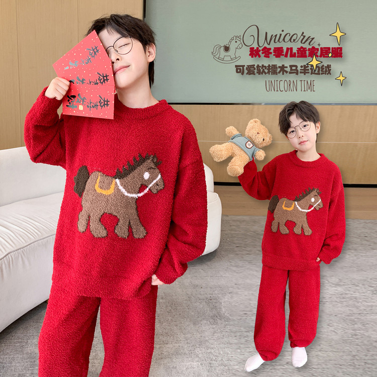 家居服套装休闲冬季卡通男童中大童儿童套头睡衣儿童女童针织