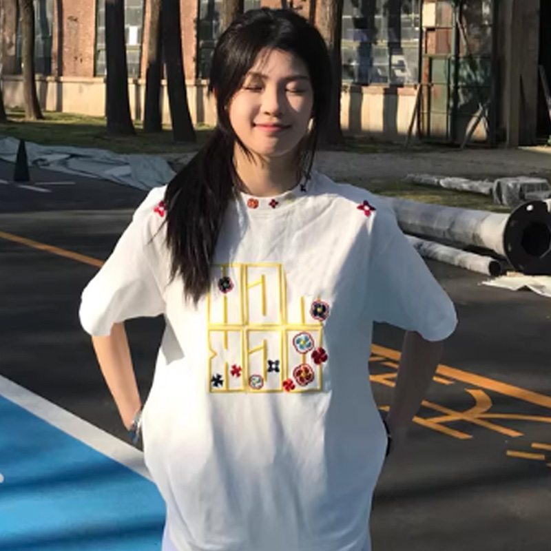 A丝-美式嘻哈图章刺绣情侣半袖T恤