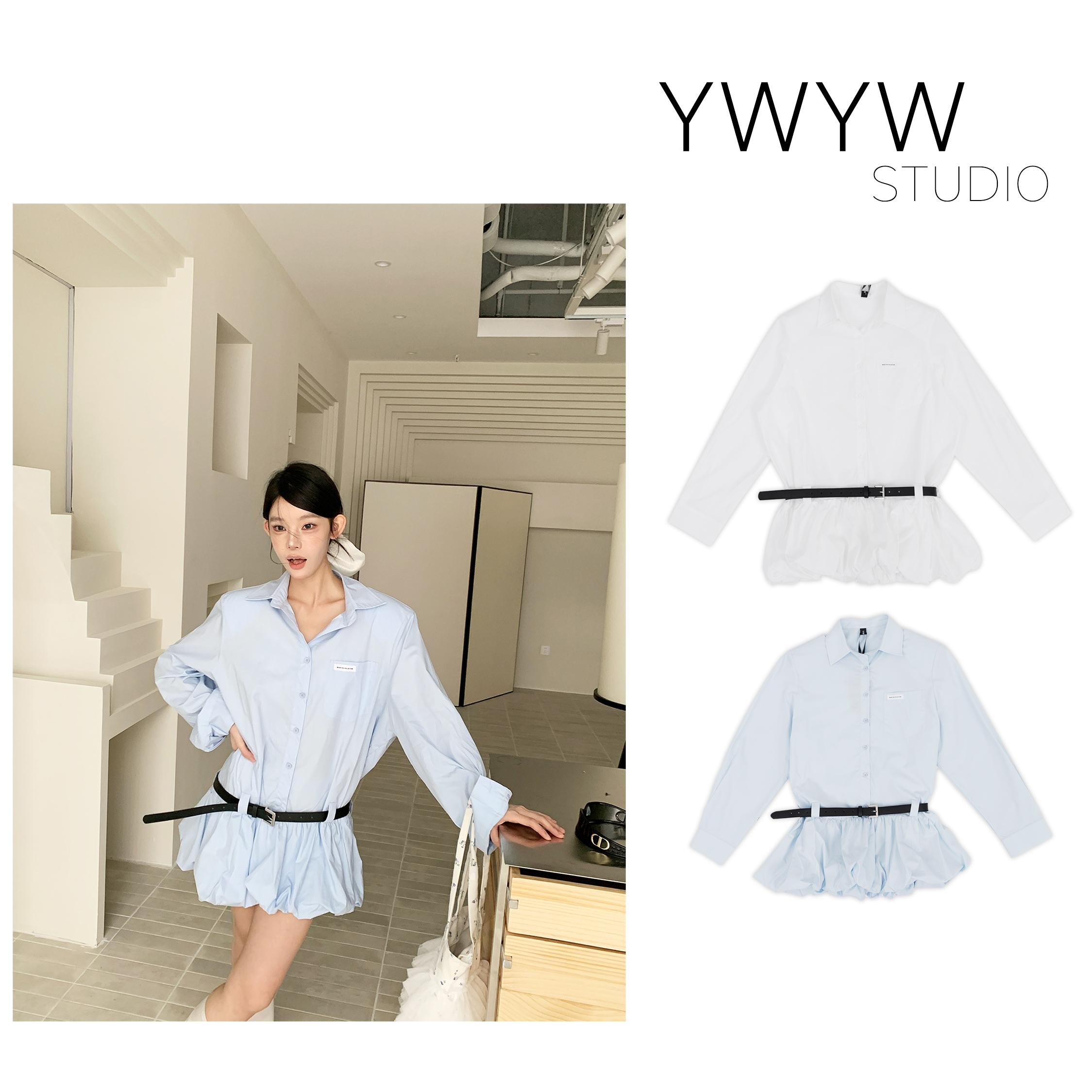 【福利款NO退换】春季单排扣花苞下摆百搭衬衫连衣裙3929