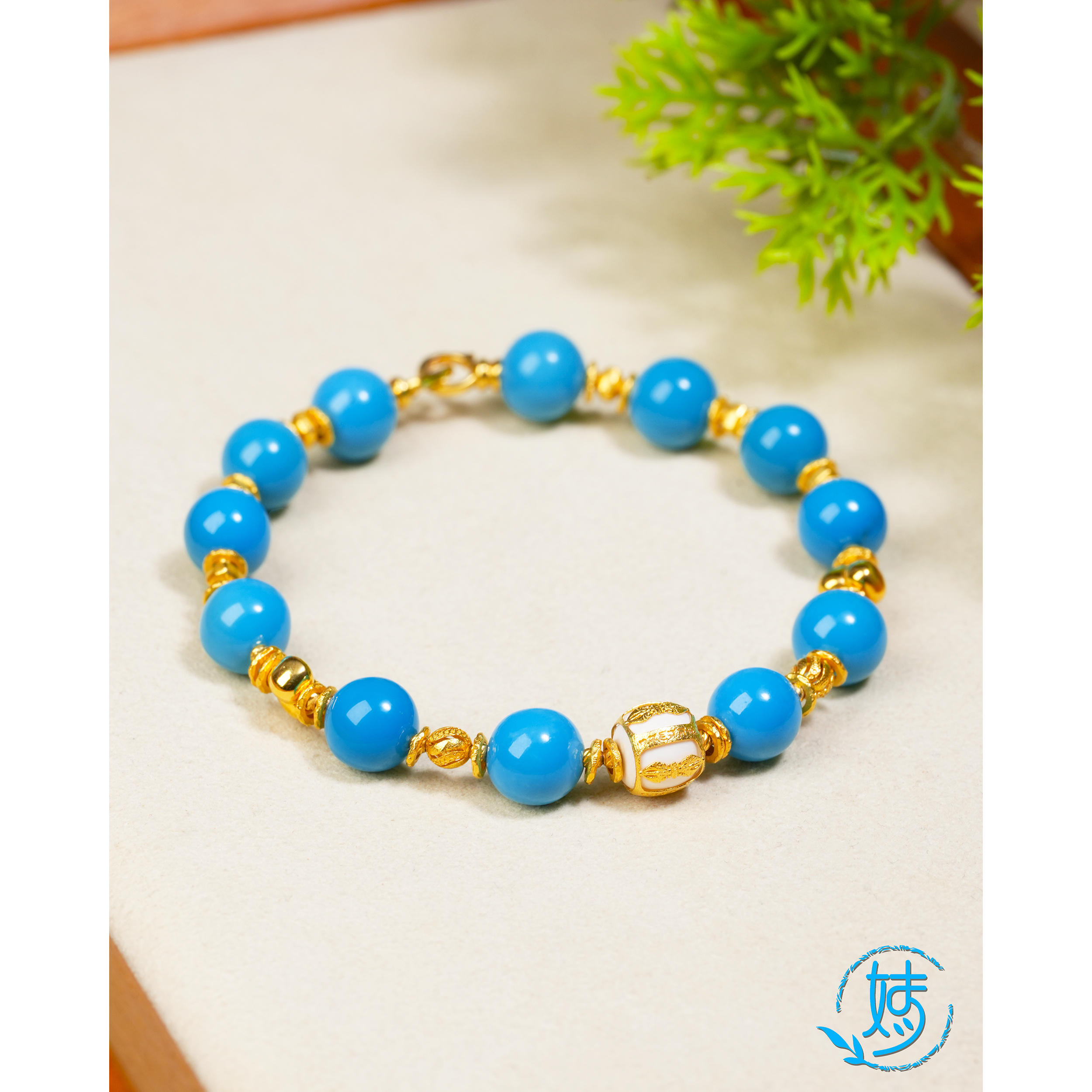 【婧婧精选】 典藏 · 18K金原矿云盖寺暴力蓝 绿松石圆珠手链≈8MM+