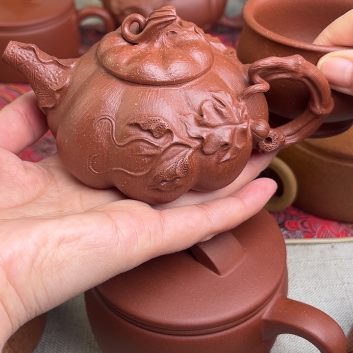 晨***)茶壶紫砂原矿紫泥南瓜精工半手180cc