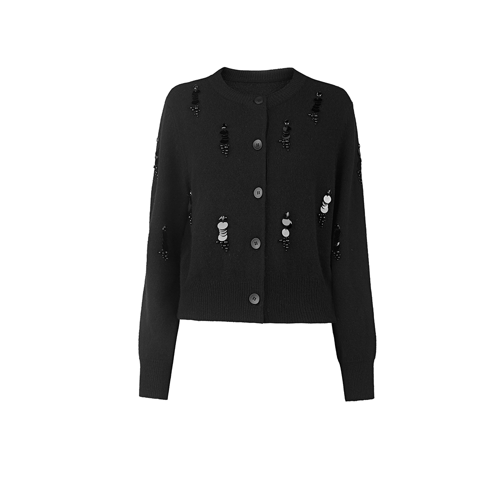 sdeer圣迪奥女装25年新品罗纹圆领钉珠绵羊毛开衫针织衫S253Z3523