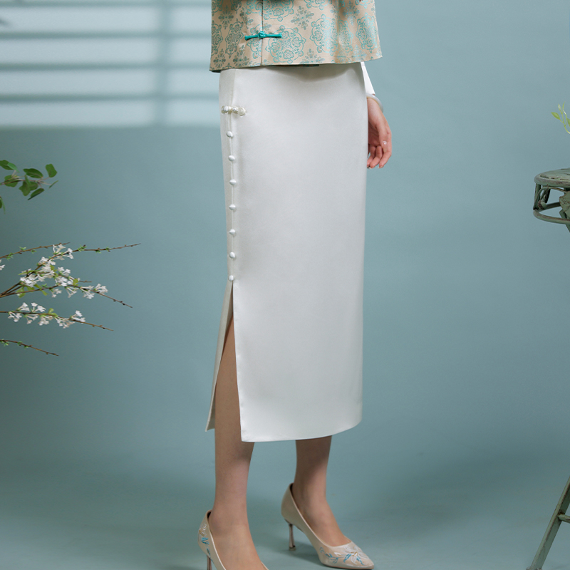 （崔万志工厂）醋酸缎 国风松紧腰丝绵百搭半身裙 手工扣 WZ6231
