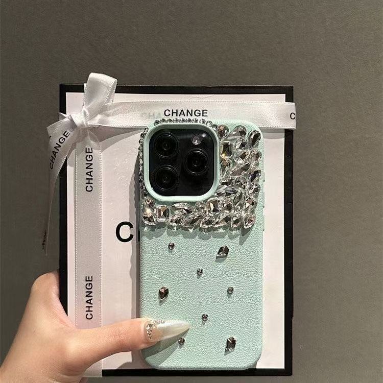 薄荷绿皮质奢华堆钻适用17promax手机壳iPhone15新款14女13防摔xr