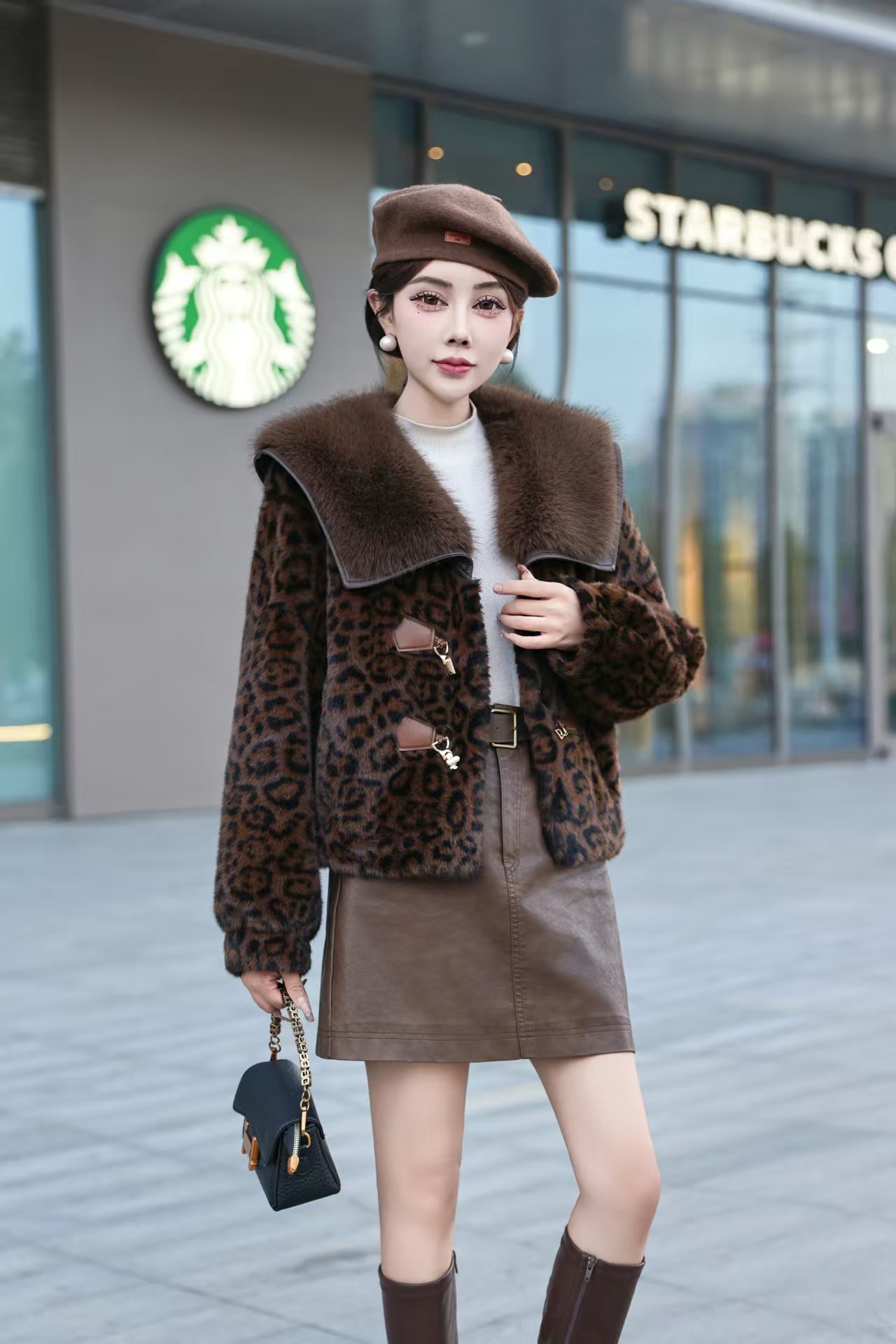 813 冬季新款女士时尚慵懒风百搭豹纹翻领气质短外套 F04 三楼 新