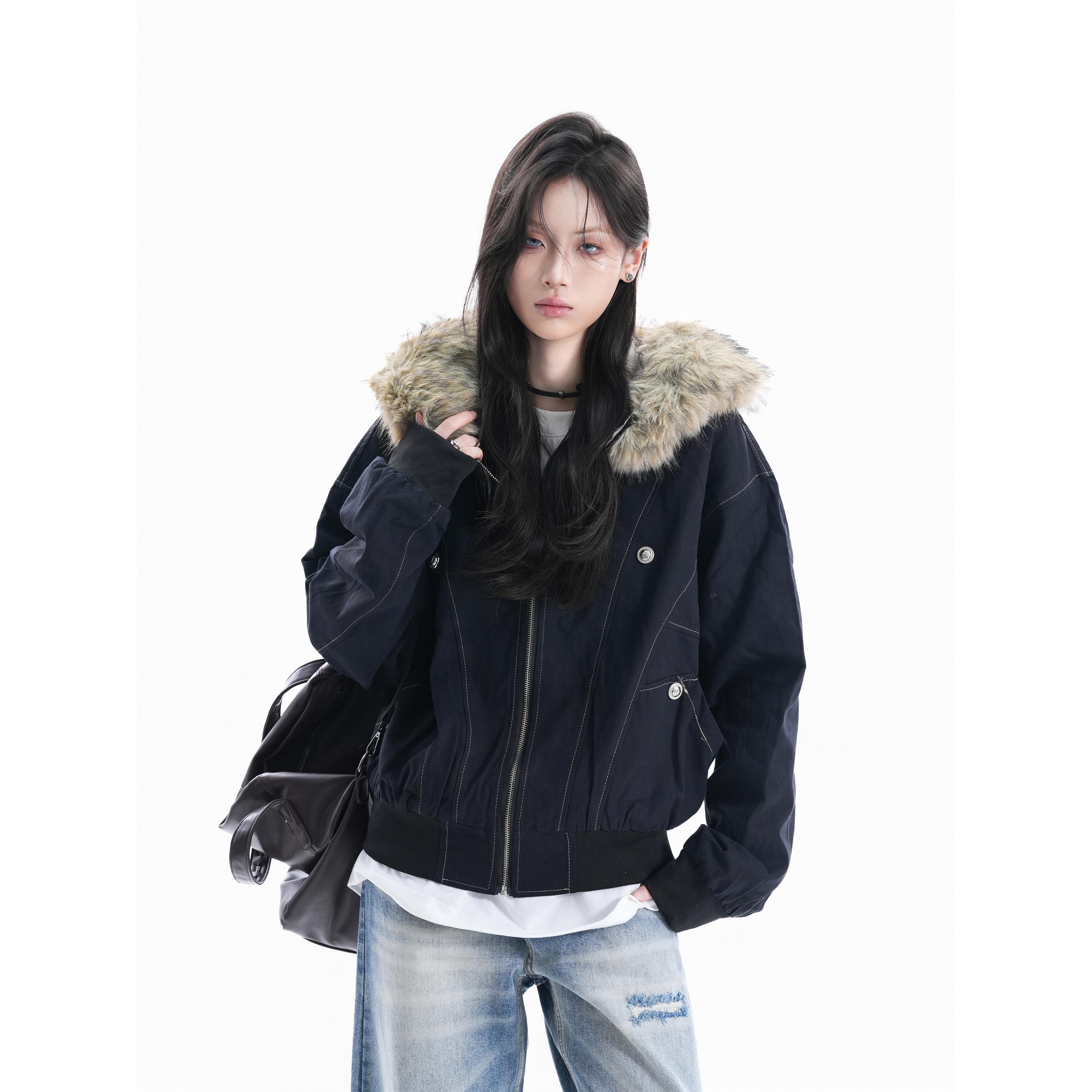 【Mu&Mu】座山雕毛领保暖连帽棉服外套女cleanfit加厚加绒夹克