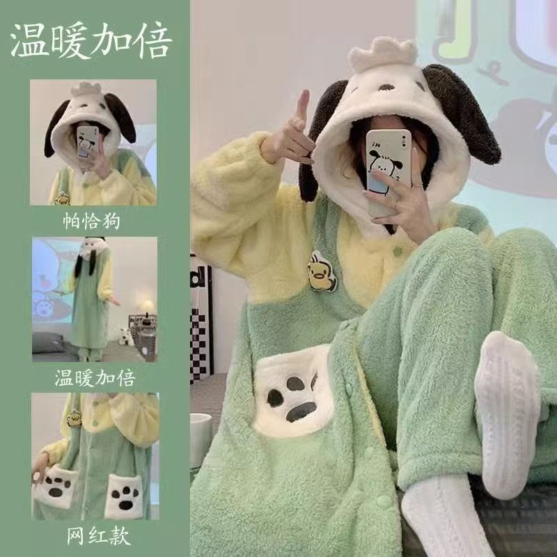 少女可爱帕恰狗珊瑚绒睡衣女秋冬季新款加厚家居服睡袍可外穿睡裙