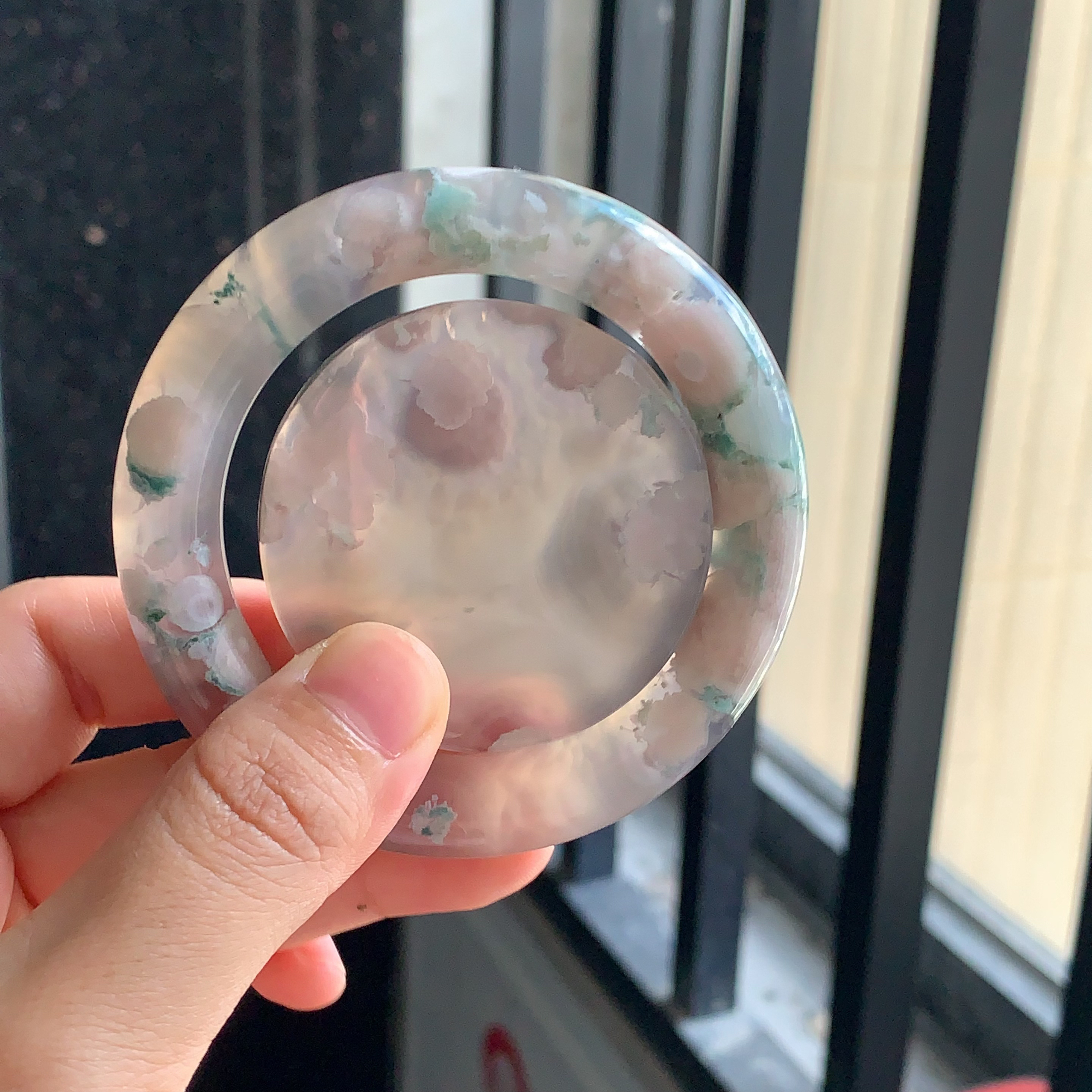 52 | 黑冰底绿圆花樱花玛瑙手镯圆条套装，有缠丝共生无修