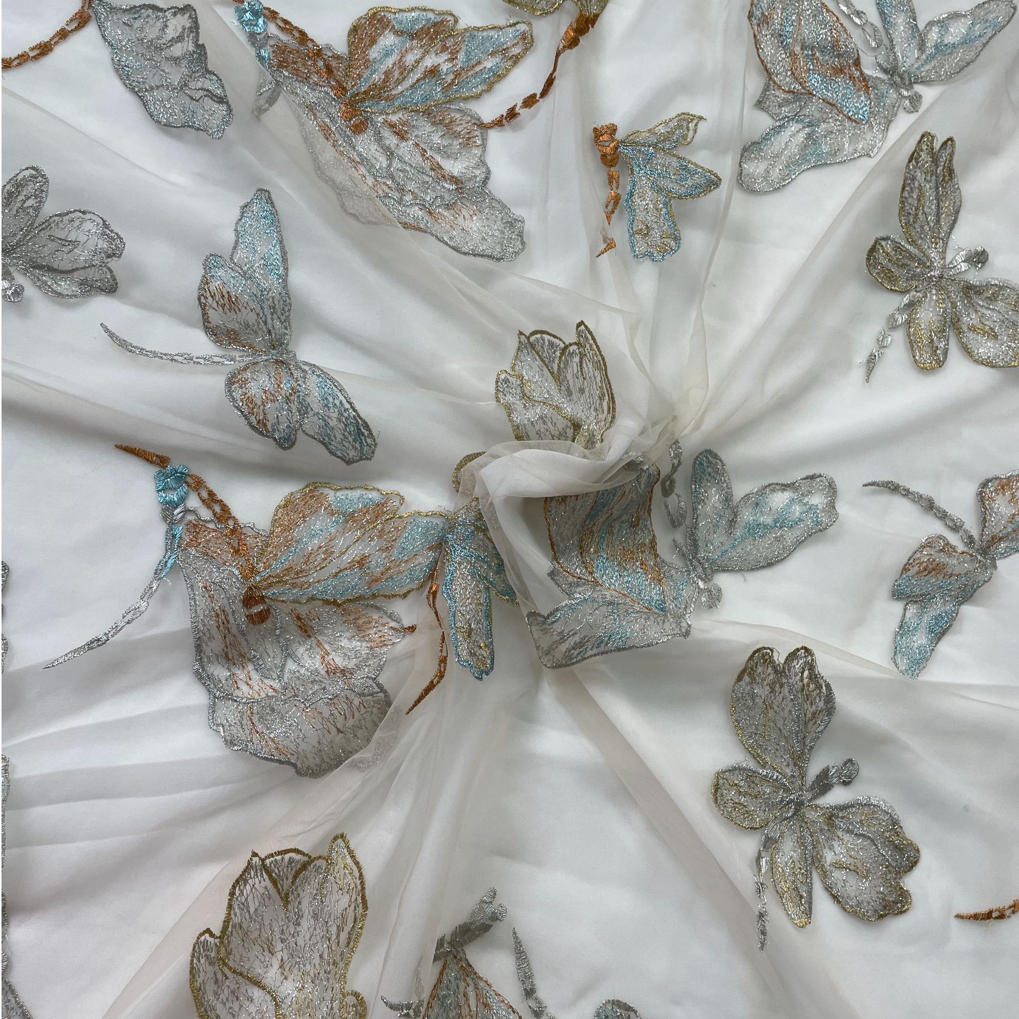 蝴蝶蜻蜓亮片网纱绣花面料重工连衣裙礼服窗帘布料