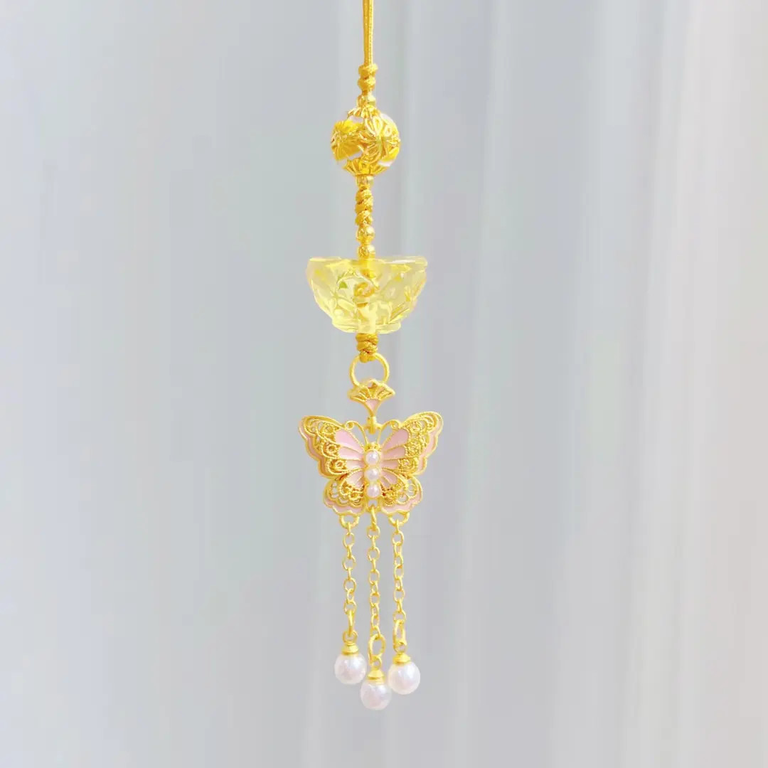 【金蝶捧碗·真有Q】杭州景区新款 金碗粉蝶珍珠流苏挂件 包挂车挂