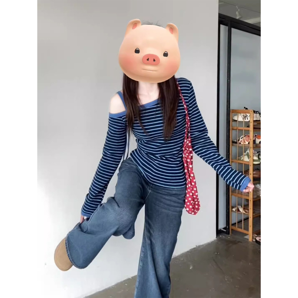 韩系氛围感穿搭斜肩长袖t恤女夏季小个子修身独特绝美条纹款上衣