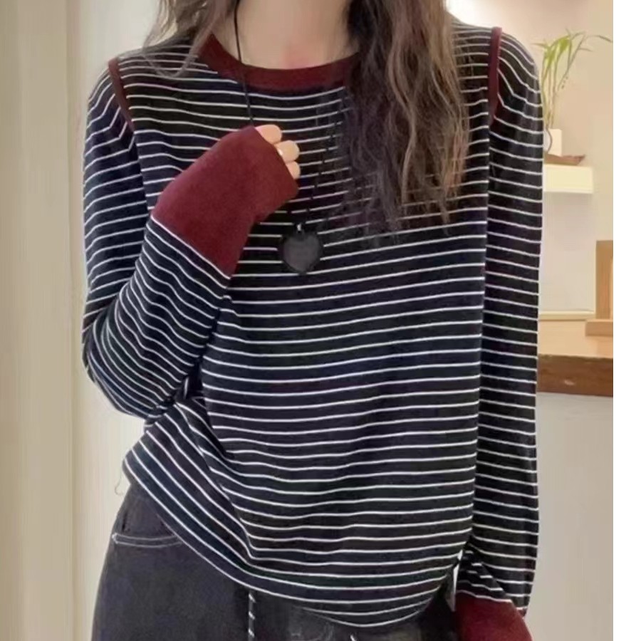 福利款·双面澳绒长袖【假两件】暗格拉红设计感撞色百搭显瘦24200