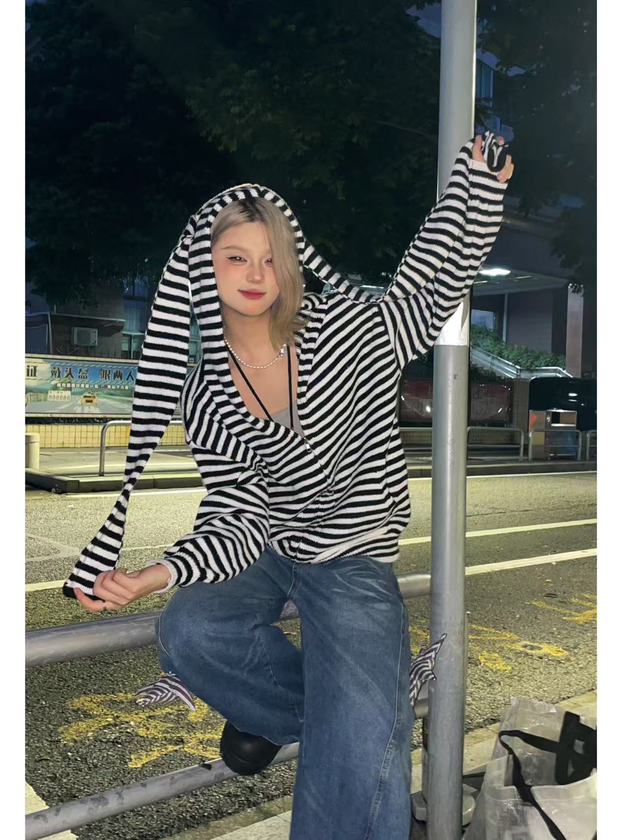 【千禧年糕】美式慵懒风兔耳朵连帽长袖女夏季慵懒风T恤宽松上衣
