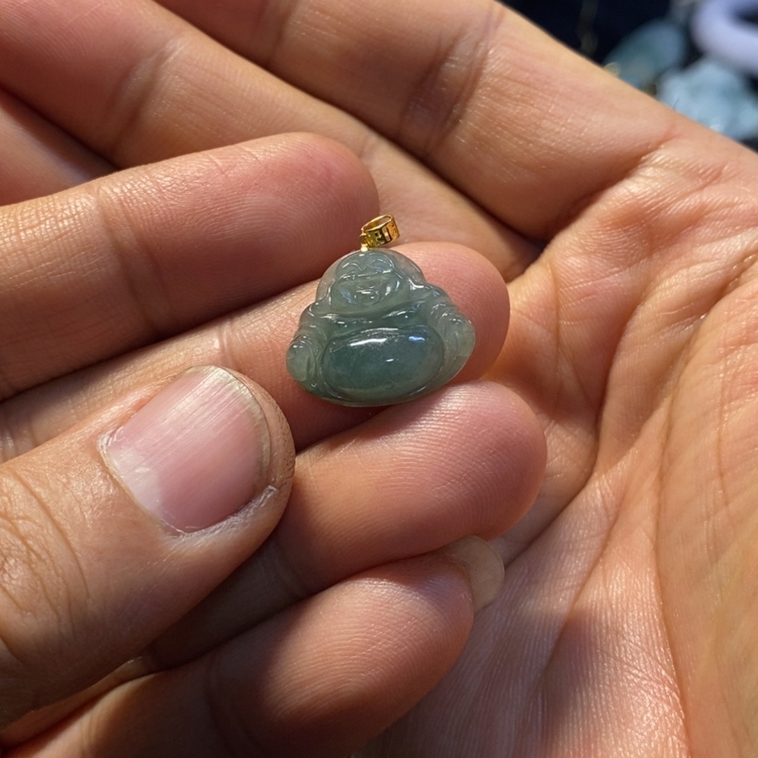 翡翠18K金镶嵌颈饰天然缅甸翡翠A货绿佛公