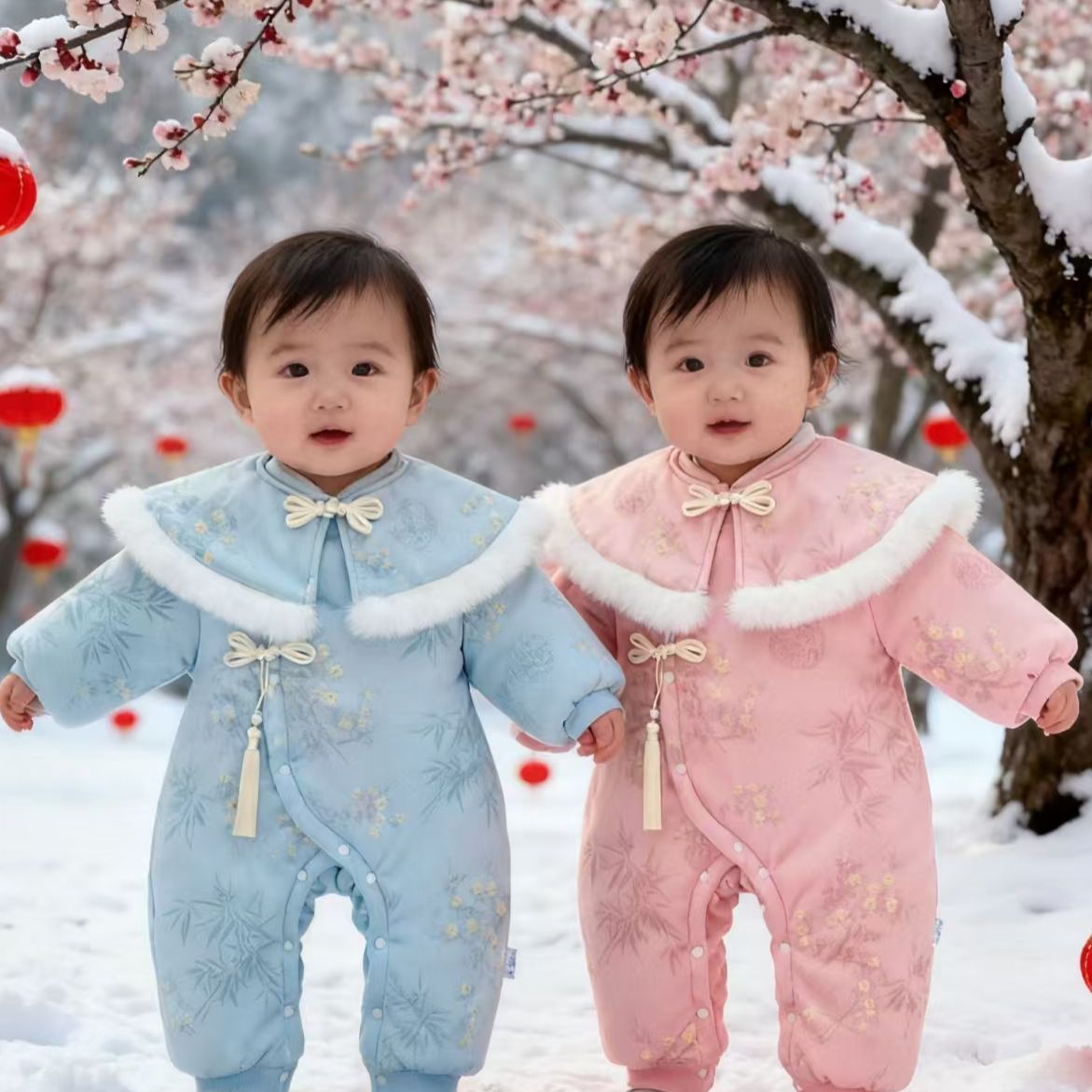 婴幼儿可爱宝宝秋冬款外出休闲百搭日常款式云肩立领偏襟棉哈衣