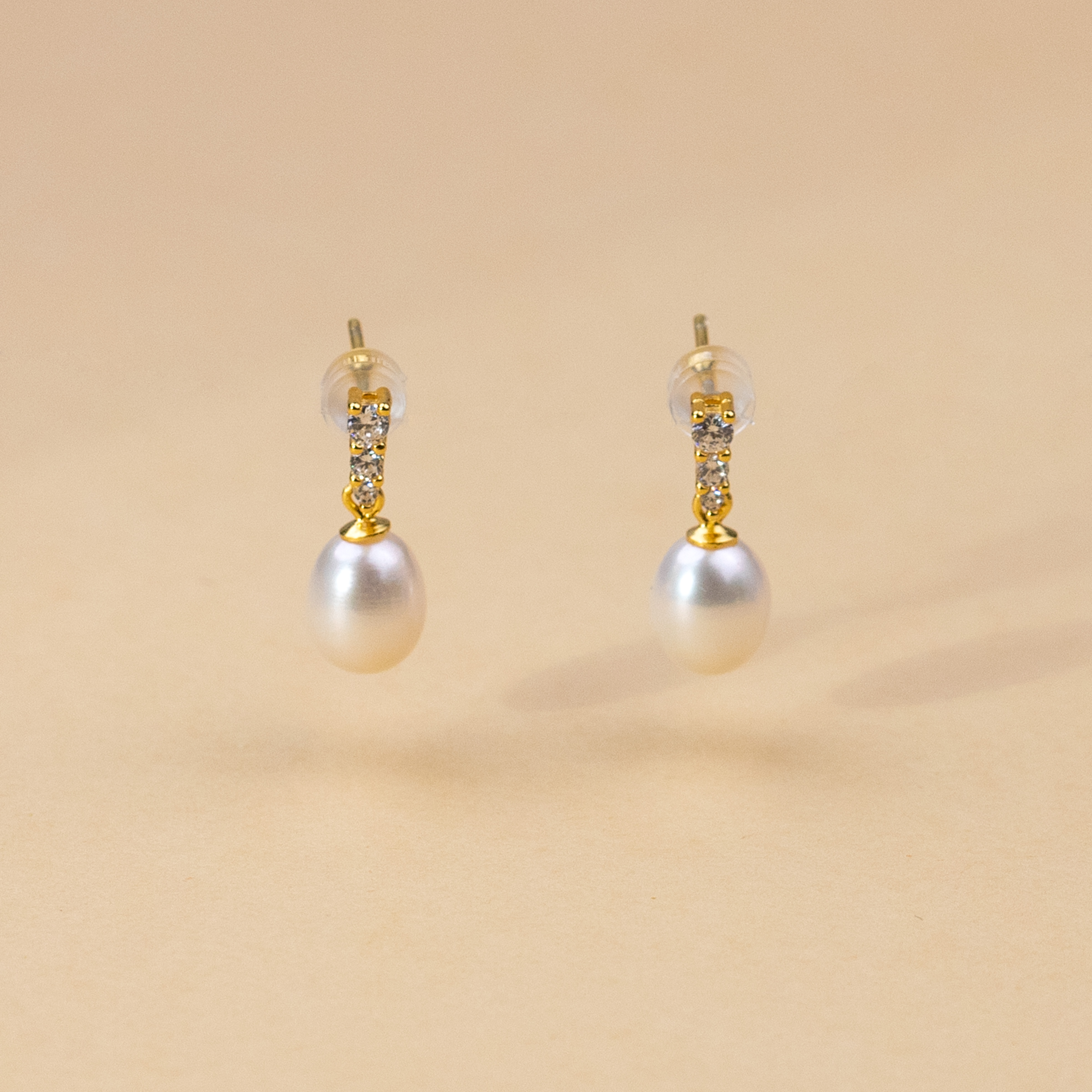 天使之泪无核淡水珍珠耳坠7-8mm时尚三钻水滴精美耳饰【黄黄珠宝】