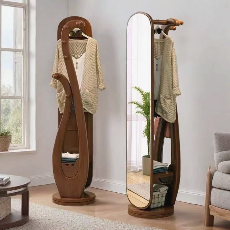 全实木衣帽架中式落地置物旋转镜子穿衣镜试衣鞋挂架多功能衣帽架