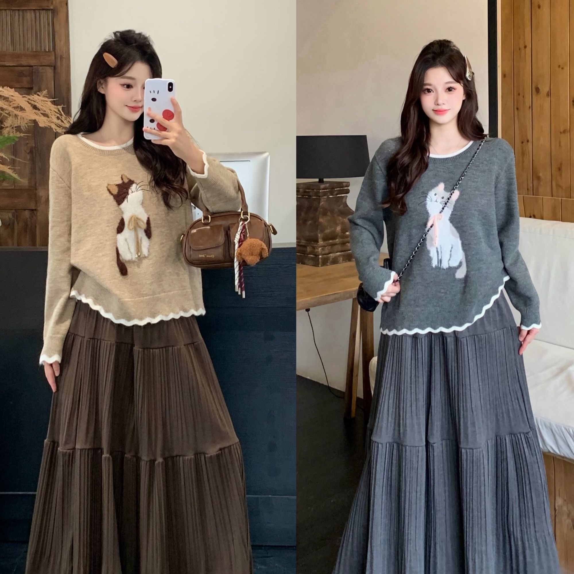 秋冬新款胖mm大码绣花小猫毛织上衣高腰半身裙套装72101+23288