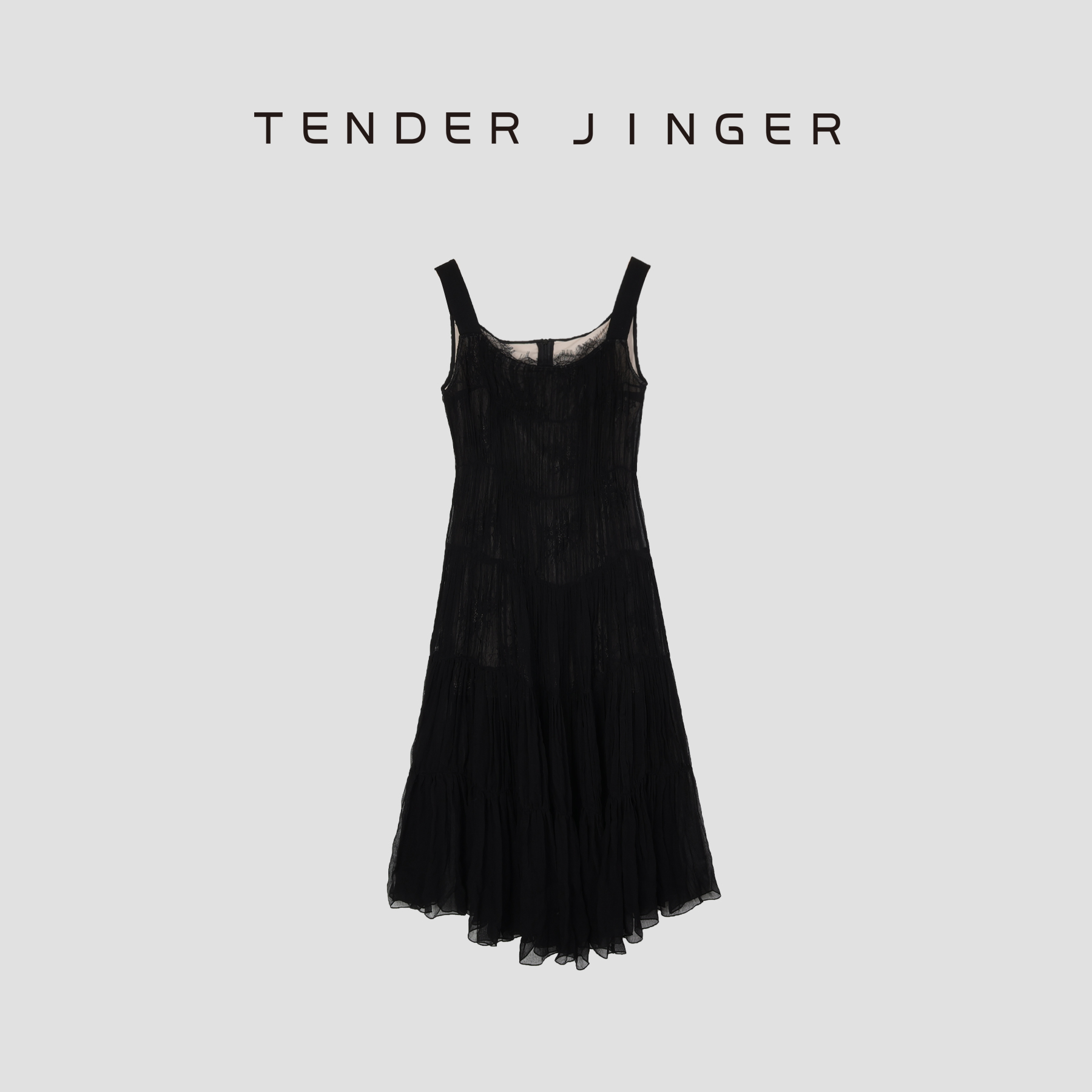 Tender Jinger【黑标】气质吊带蕾丝花边百褶连衣裙T52MFY111M