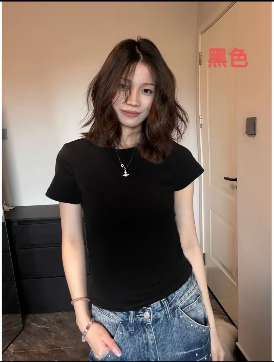 2025秋季韩短款正肩早秋短袖上衣纯色百搭显瘦修身打底T恤8840