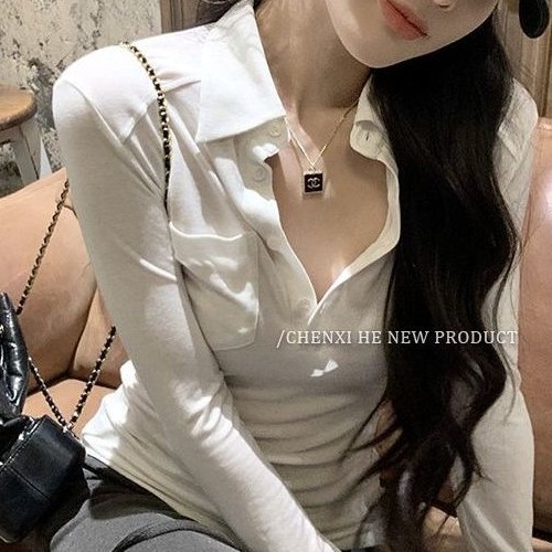 白色polo领长袖t恤女秋冬新款纯欲辣妹修身打底衫内搭巨好看上衣