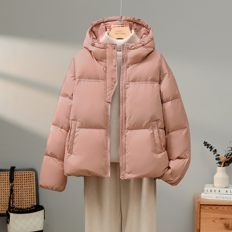羽绒服女冬季白鸭绒短款粉色加厚连帽保暖外套休闲2301
