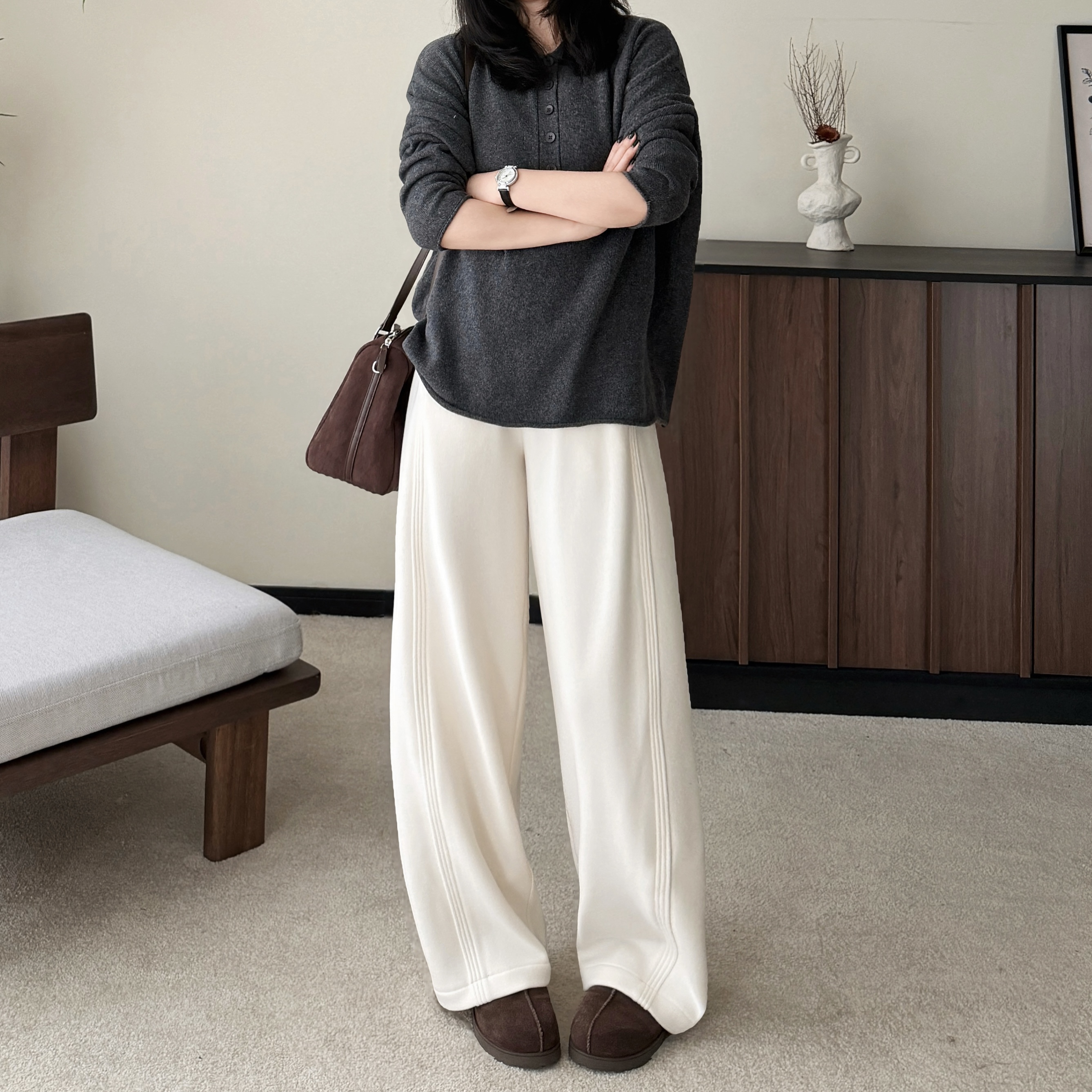 今婷新款韩版时尚百搭简约运动针织宽松休闲加绒长裤-M25402326