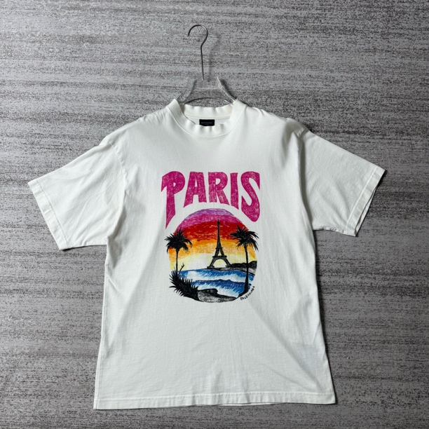 99新 Balenciaga/巴黎世家 手绘字母海滩图案印花T恤/S码#4285