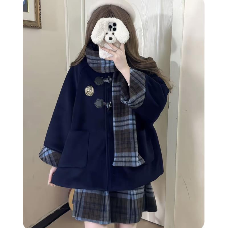 【夹棉升级款】【魔法学院四件套】毛呢套装学院风格子围巾半身裙套装