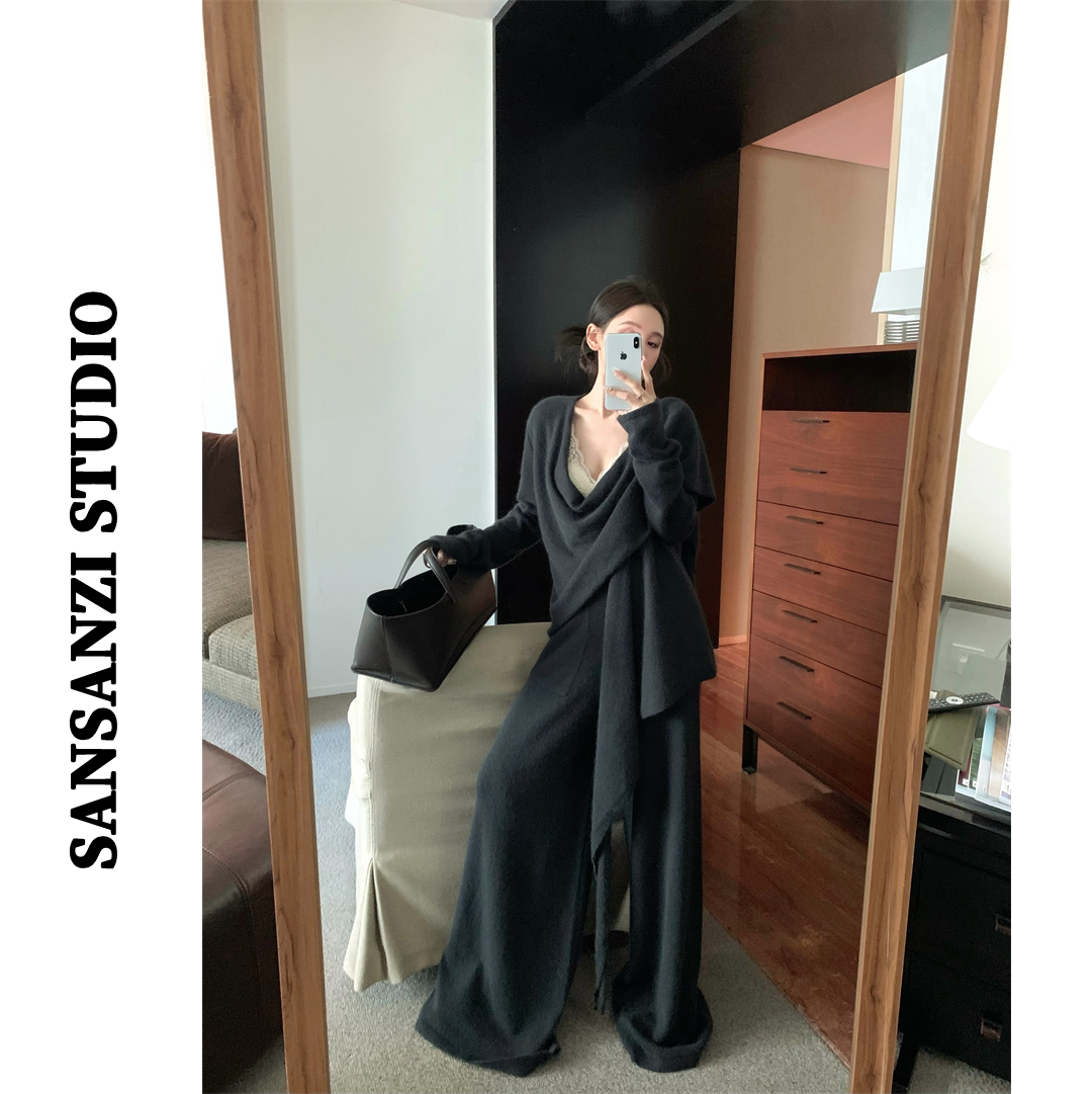 SANSANZI黑色设计感V领针织毛衣女装冬季高腰阔腿裤休闲裤两件套