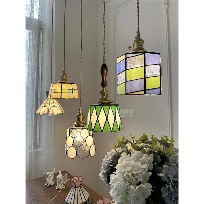 手工制作日式复古黄铜绿色玻璃吊灯餐厅灯床头彩色小玻璃吊灯