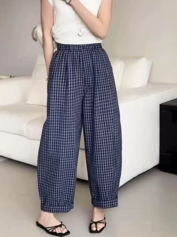 【娜姐家】9851#夏季复古百搭休闲时尚方格裤