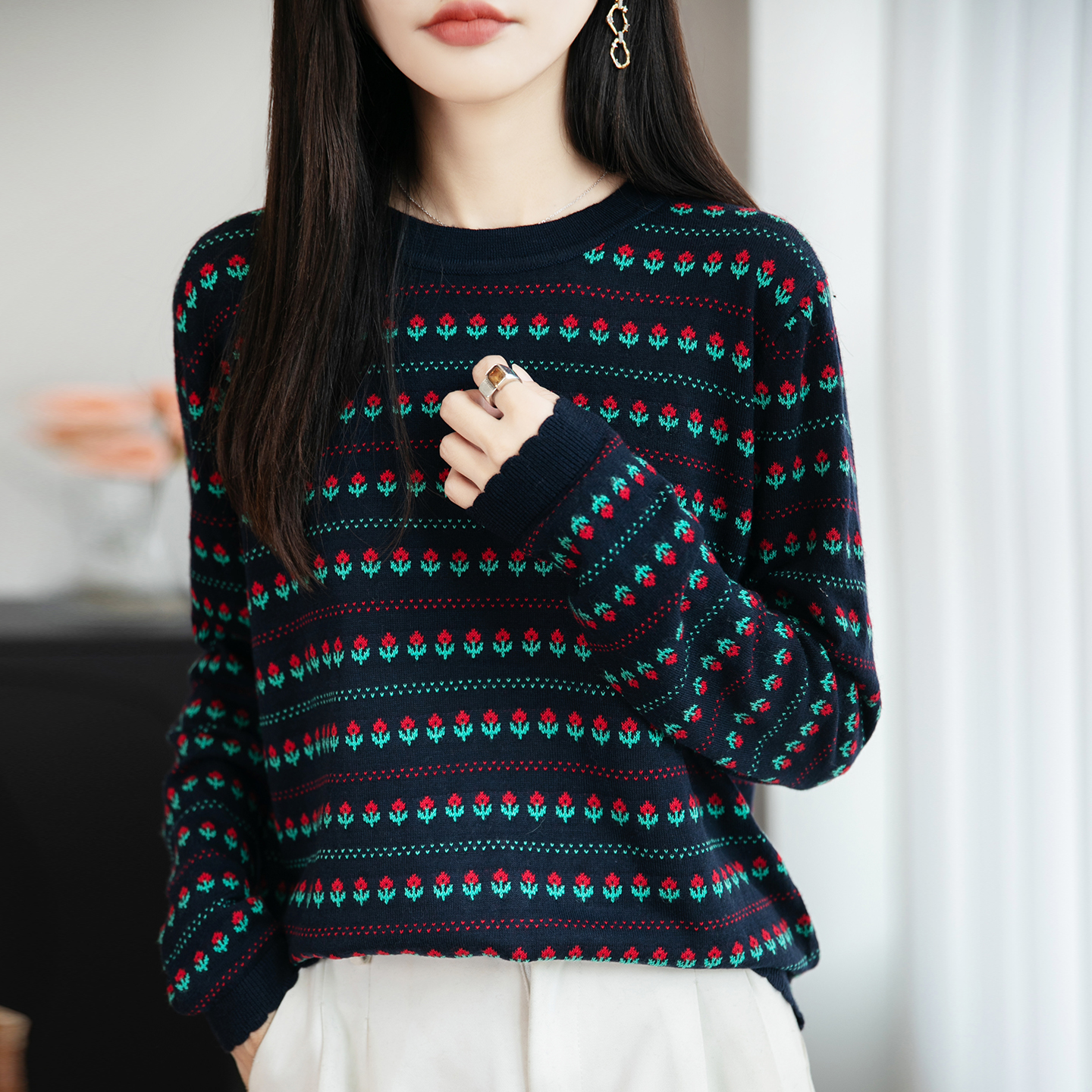 【柔软~亲肤】圆领小花精纺羊毛衫长袖针织衫复古毛衣套头女打底衫