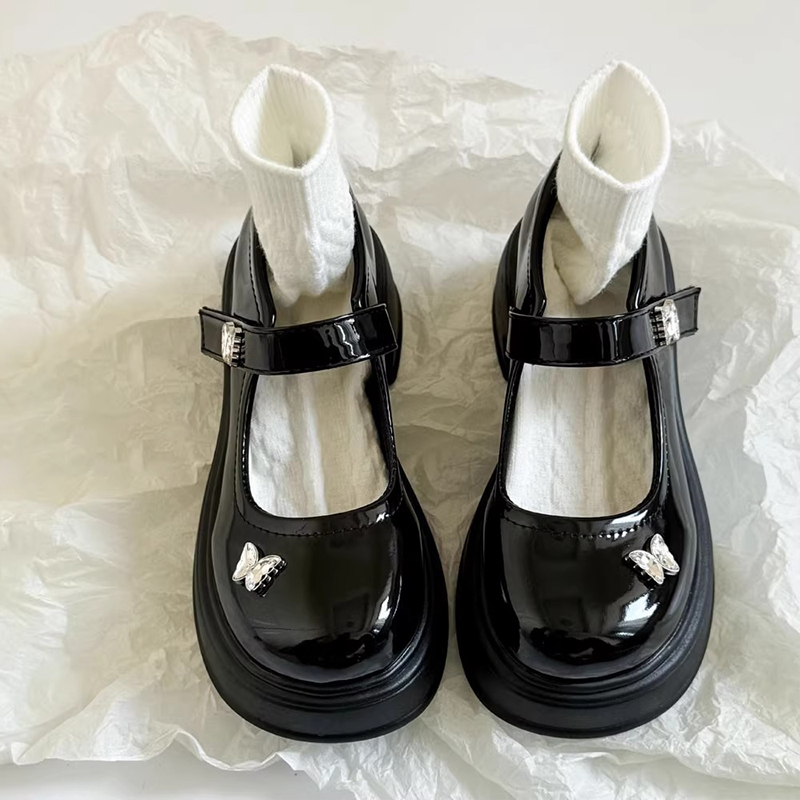 小皮鞋女厚底粗跟温柔甜美水钻蝴蝶一字扣JK复古玛丽珍单鞋潮春夏