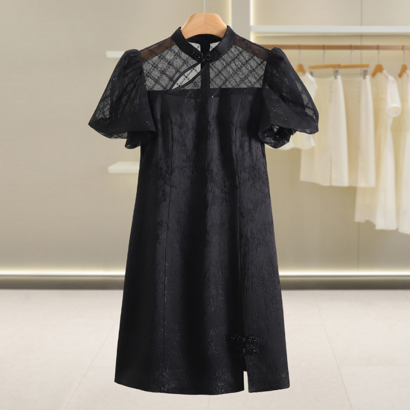 【康康上身款】新中式盘扣短袖立领开叉连衣裙夏季女装#WYG56L036