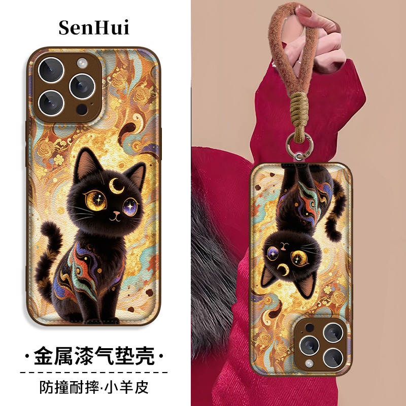 毛绒黑猫浮雕羊皮立体壳适用苹果17华为oppo小米vivo手机带挂绳款