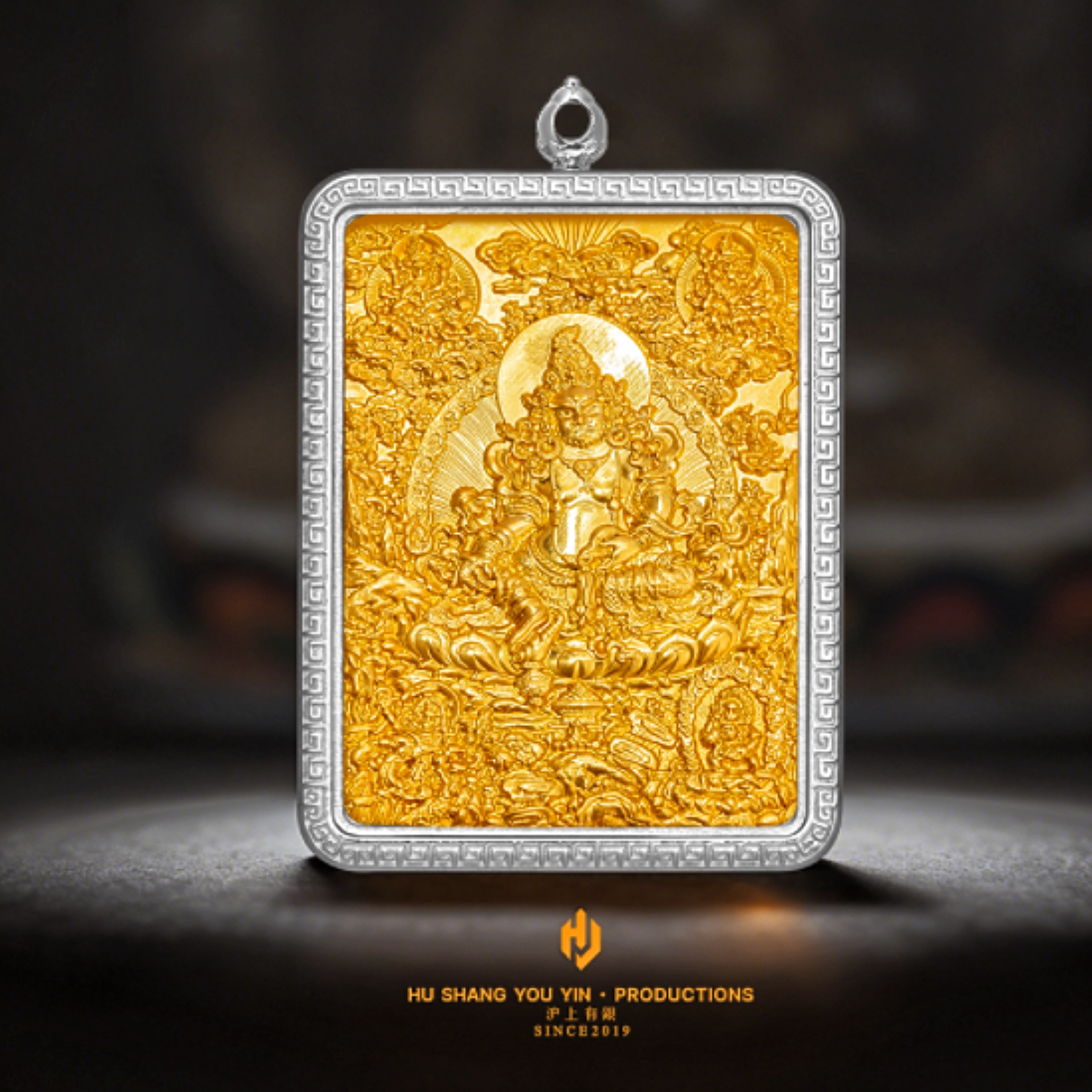 吊坠925银 毛衣链吊坠黄财原创设计方牌浮雕五路财全身像双面项链